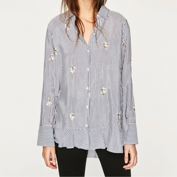 Zara Striped Flowing Embroidered Floral Blouse Blue White Women’s Small - Picture 1 of 12